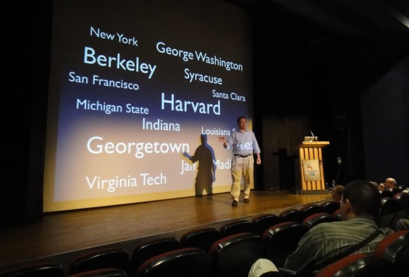 Delivering a PowerPoint presentation - Frank Schulenburg giving a presentation at Wikimania 2011 - Featured -- FreePowerPointTemplates