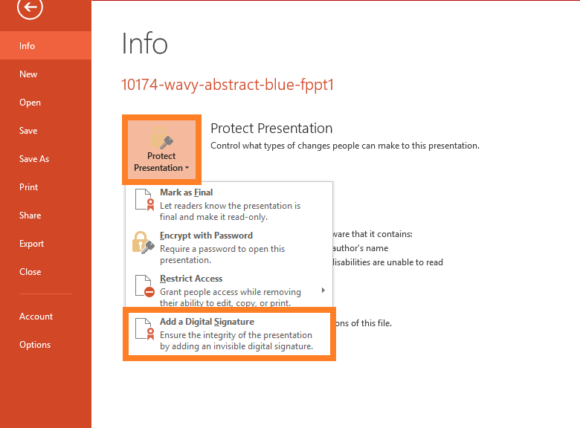 Sign your PowerPoint presentation file with your digital signature