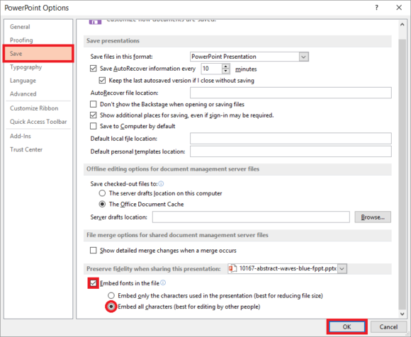 Embed -- File - Options - PowerPoint Options - Embed Fonts in the file - PowerPoint 2013 - 2 - FreePowerPointTemplates