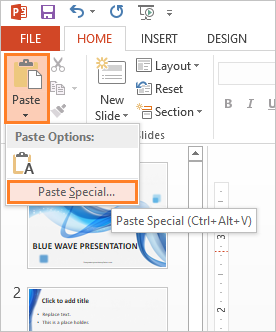 Excel - Down arrow below the Paste button in PowerPoint 2013 - Paste Special - FreePowerPointTemplates