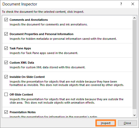 Inspect Document -- Check for Issues - Inspect Document - Inspect - PowerPoint 2013 - FreePowerPointTemplates