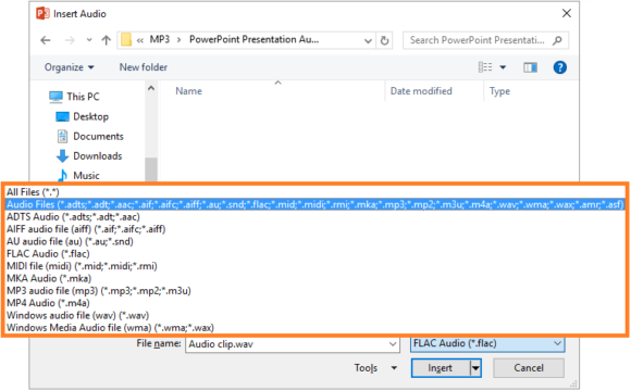 Music -- Insert - Audio - PowerPoint 2013 - Supported Audio File Types for Linking - FreePowerPointTemplates