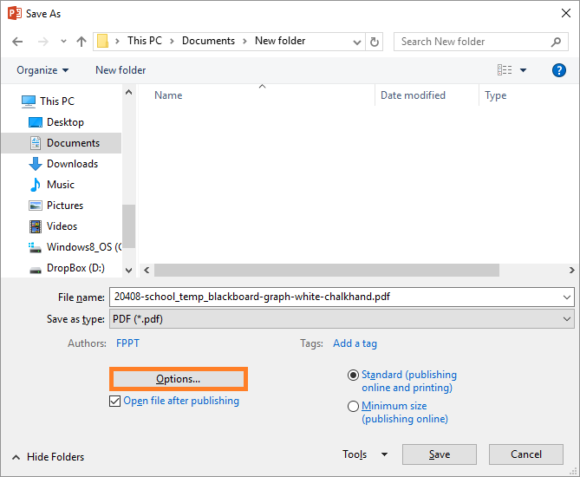 PowerPoint Files -- File - Save as - PDF - Options... - FreePowerPointTemplates