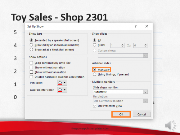 Slide Timings - SLIDE SHOW - Set up Slide Show - Manually - OK - FreePowerPointTemplates