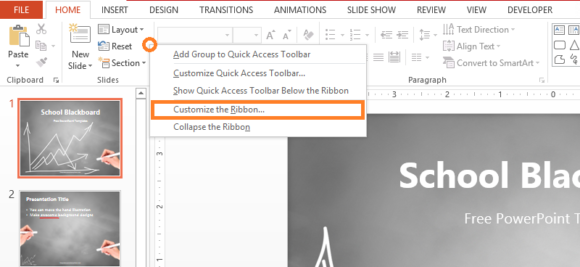 Thesaurus -- PowerPoint 2013 - Right-Click - Customize Ribbon... - FreePowerPointTemplates