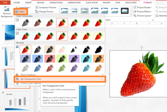 Transparent -- Picture Tools - Format - Color - Set Transparent Color - FreePowerPointTemplates