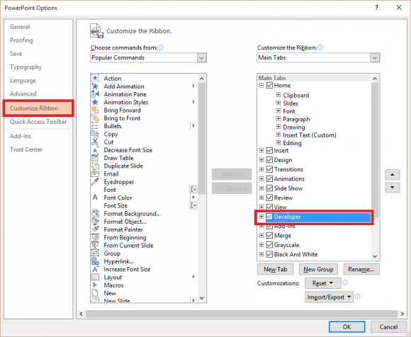 YouTube - File - Options - Custom Ribbon - Developer - PowerPoint 2013 - FreePowerPointTemplates